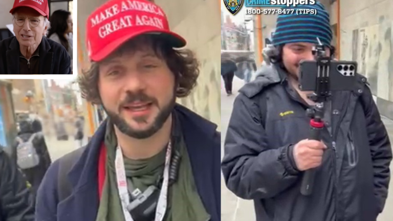 MAGA Hat social media troll Michael James (left) and Michael Santiago. Larry David inset, Jan. 2021.