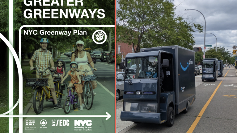 Left: Idealistic vision of the Greater Greenways report cover; right: the reality of the Brooklyn Waterfront Greenway, including Amazon cargo trucks. Could this be Manhattan’s future too?
