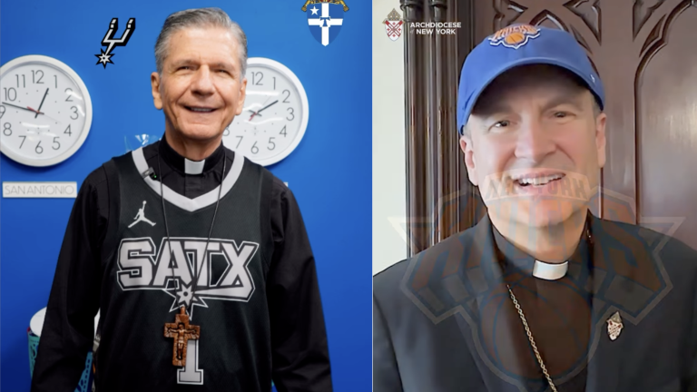 Archbishop Gustavo of San Antonio (left) and Archbishop Hicks of NY (right) made a friendly wager on the outcome of the NBA finals, between the San Antonio Spurs and NY Knicks, before Game 1 June 3.