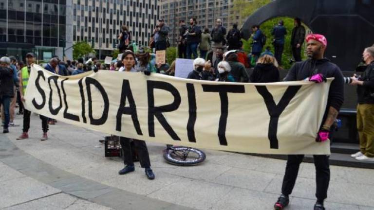 Men at the protest at Foley Square on May 3. Photo: Abigail Gruskin