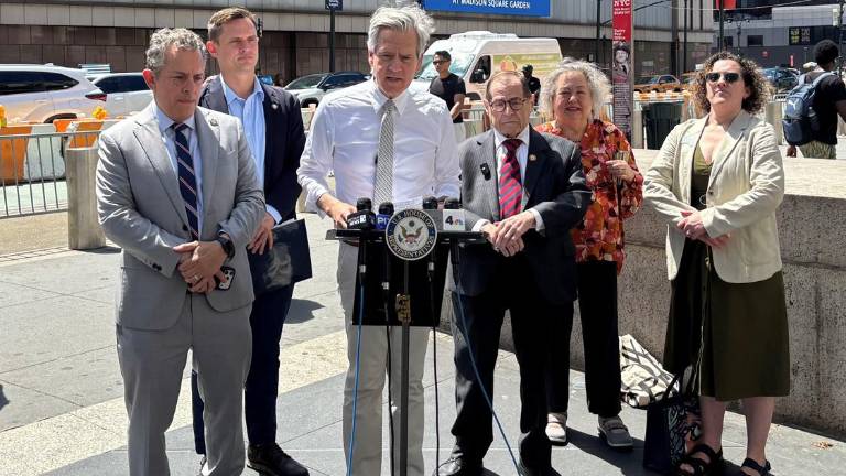Manhattan Borough President Brad Hoylman-Sigal (at mic) mc’d a press conference outside Madison Square Garden on the morning of June 7 that included (from left) Assemblymember Tony Simone, newly elected City Council member Carl Wilson, Congressman Jerry Nadler, NYS Senator Liz Krueger and Reinvent Albany senior policy advisor Rachael Fauss.
