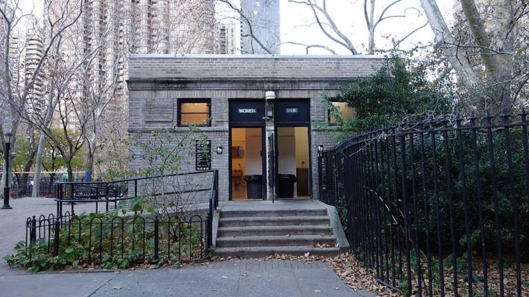Public restrooms, such as the one above in St. Vartan’s Park on First Ave. and 35th St. in the Murray Hill section, are few and far between in the NYC. Photo: Tdorante10/Wikimedia Commons