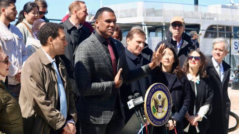 Battery Park Brouhaha ferry fence protest including (l to r) Chris Marte, Charles Fall, Dan Goldman, Grace Lee, Paula Recart, Brad Hoylman-Sigal.
