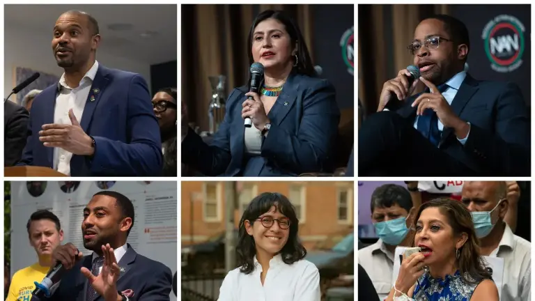 State lawmakers Jamaal Bailey, Jessica Ramos, Zellnor Myrie, Jessica Gonzalez Rojas, Claire Valdez and Jamaal Bailey, clockwise from left, are all in the Tier 6 pension plan.