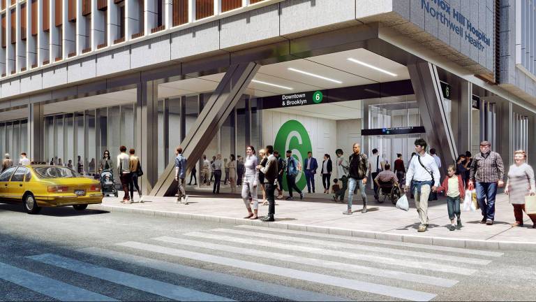 To gain his approval for Northwell’s proposed hospital makeover (rendering above), Borough President Levine said the healthcare organization offered two new commitments: the creation of a local mental-health outpatient facility, and the convening of a community-focused “construction task force.”