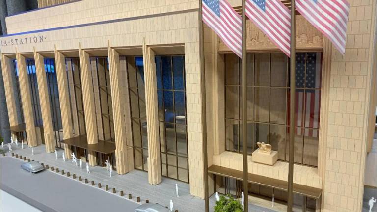 An artist rendering of the grand entrance on Eighth Ave. that is proposed in the rebuilding of Penn Station.