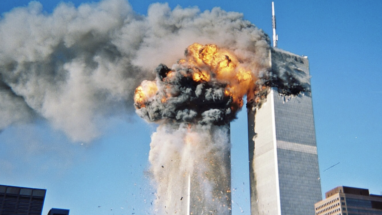 Both the South and North Towers burning on the morning of September 11, 2001. American Airlines Flight 11 was flown into the North Tower at 8:46 a.m. 17 minutes later United Airlines Flight 175 struck the South Tower at 9:03 a.m.