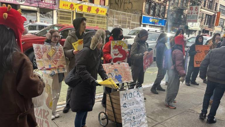 Protesters form a picket line outside of the museum entrance.