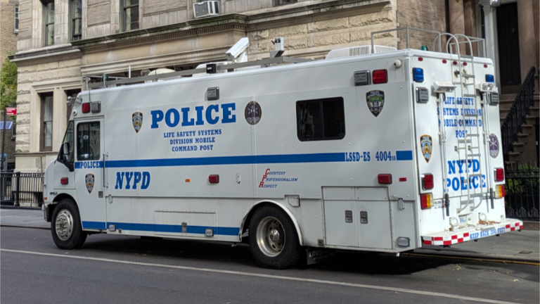 NYPD Life Safety Systems Division Mobile Command Post truck on Washington Square North.
