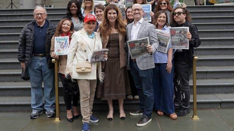 City Council speaker Julie Menin (first row center) hosted journalists seeking to unionize Schneps Media at a rally at City Hall as the unionization drive kicked off earlier this year.
