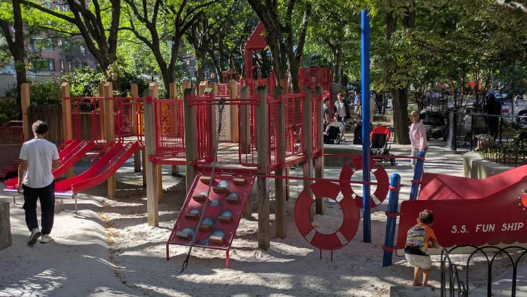 The red playground at Washington Market Park.