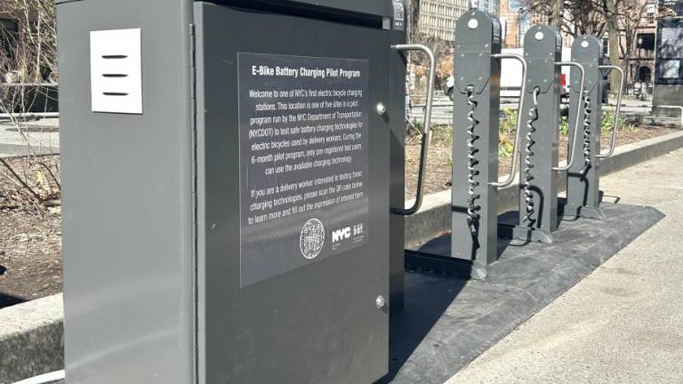 <b>Cooper Square in the East Village is the first place to be up and running under a new pilot program from the city and Con Ed that will allow deliveristas to charge their e-bikes on the streets. </b>Photo: Alessia Girardin.