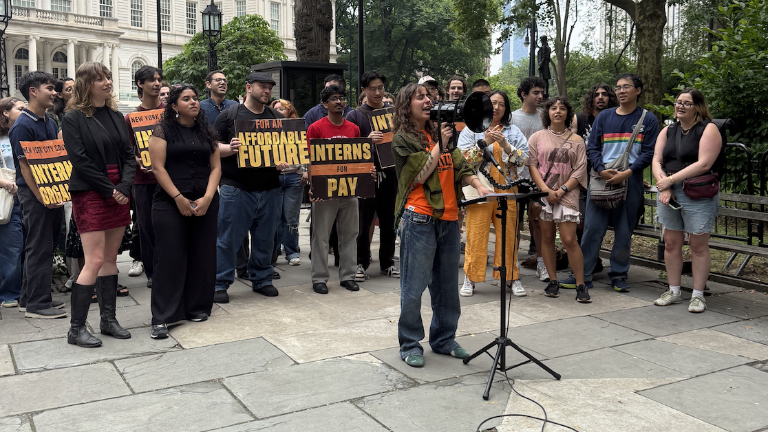 Mina Farahmand addresses the crowd while demonstrating with dozens in front of City Hall in a dispute over unpaid interns in the office of City Council member Harvey Epstein.