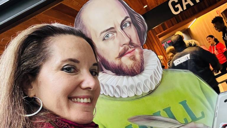 Heather Stein (author) takes a selfie with Shakespeare: Lucky again to enjoy the wonder of Shakespeare in the Park 2026.