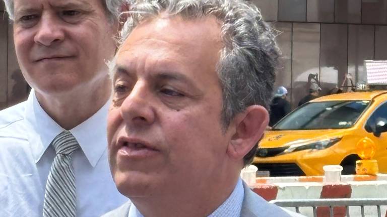 Assemblyman Tony Simone pictured at a presser across the street from Penn Station was pushing a bill in Albany that would have allowed bars and restaurants to expand into the streets with outdoor drinking in designated “entertainment zones.”