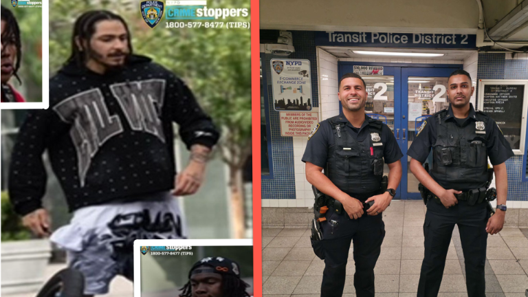 Left: Wanted for robbery and assault at Cooper Square; right: Transit cops who caught a cell phone thief.