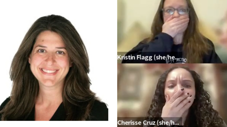 Attendees at community educational meeting (right) cover their mouths in shock after hearing racist comments by Hunter College Adjunct Professor Allyson Friedman (left)